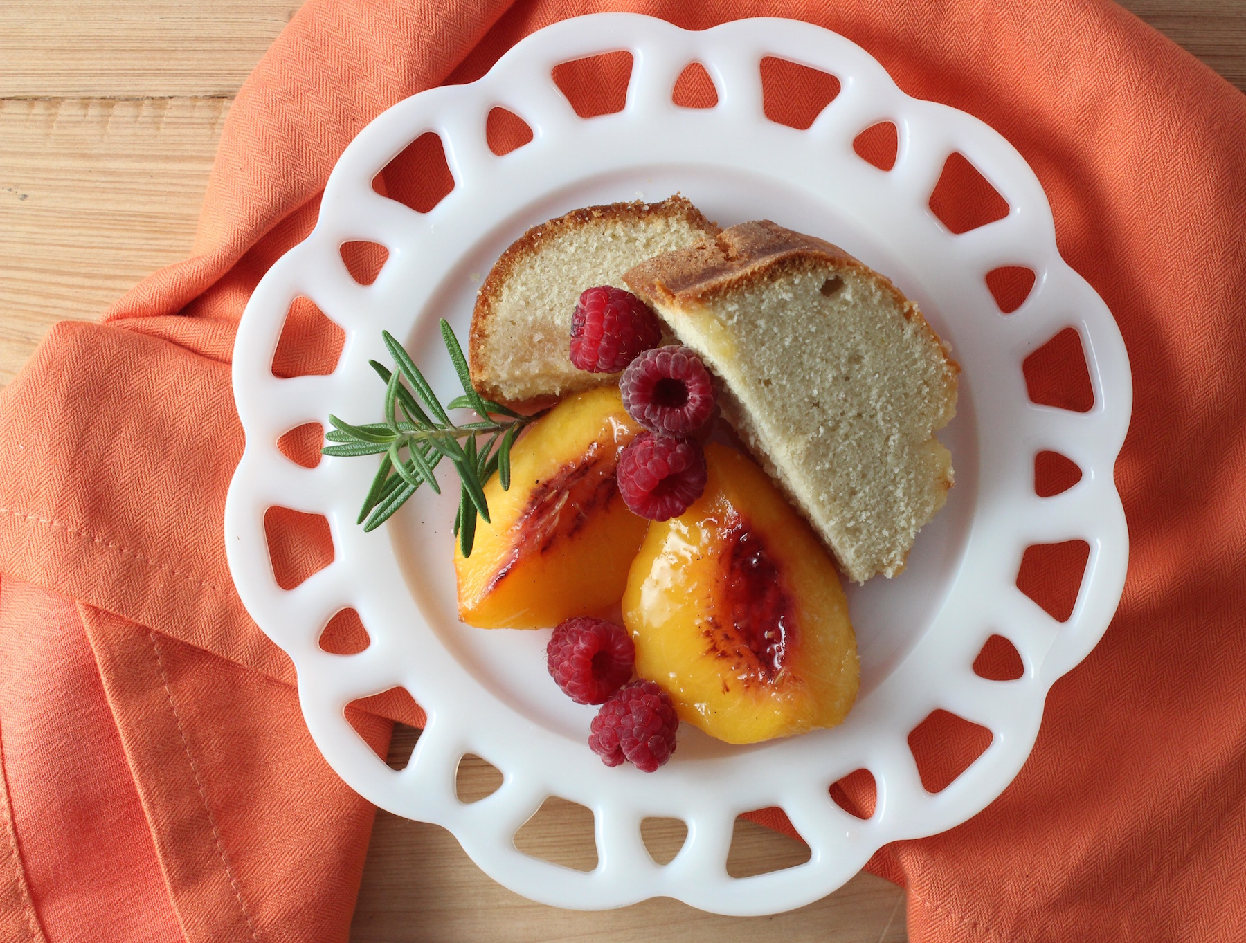 Poached Peaches with Rosemary and Cake
