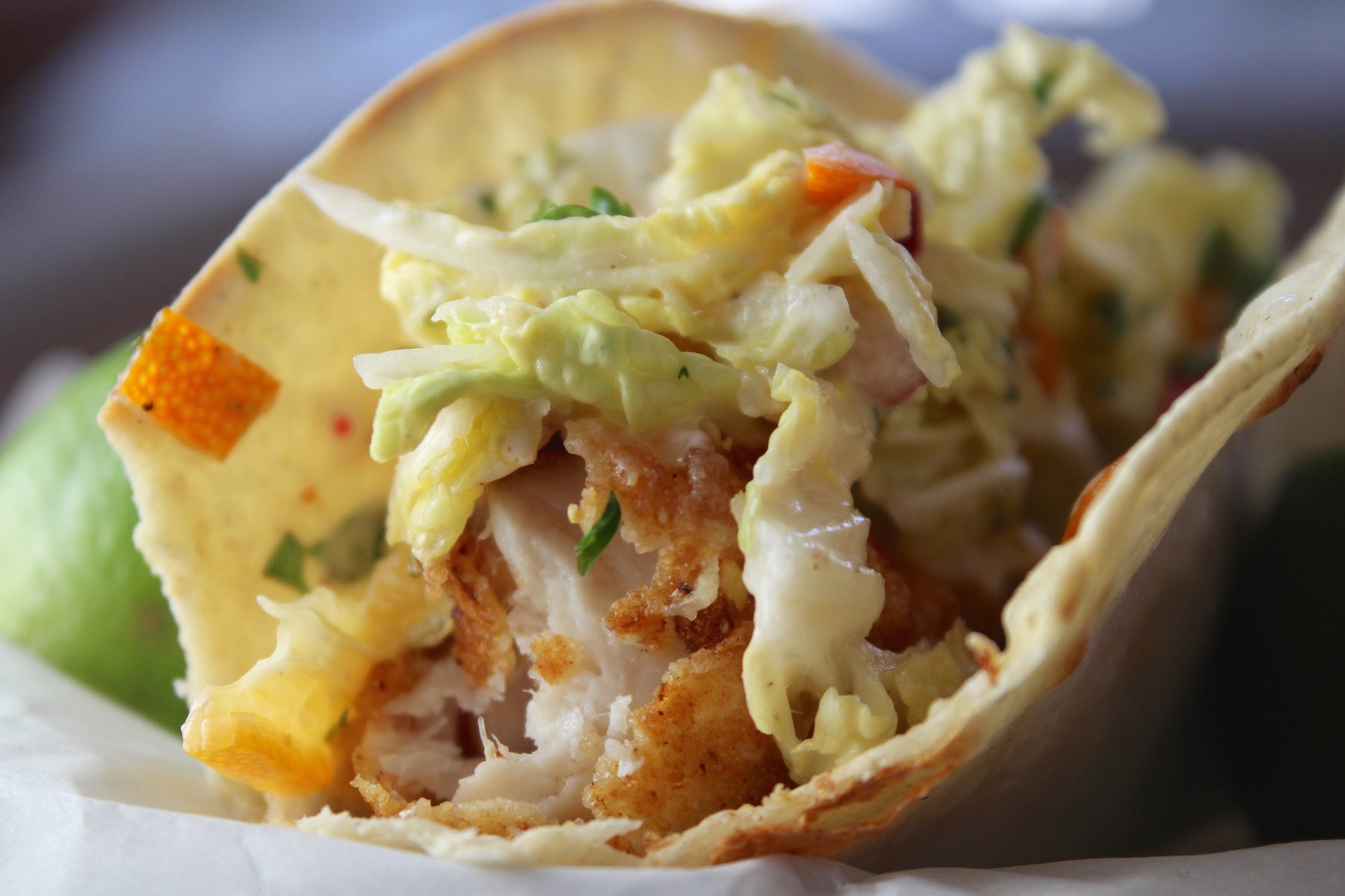 fish taco with kumquat slaw and creamy sauce