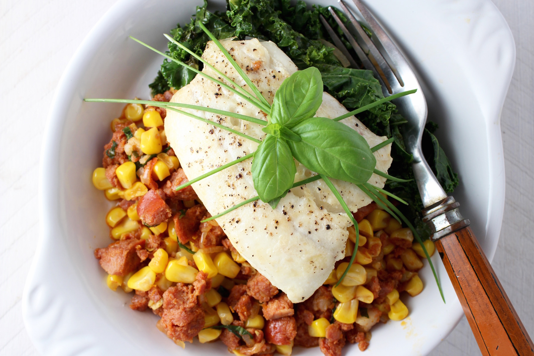 Halibut with Chourico and Corn