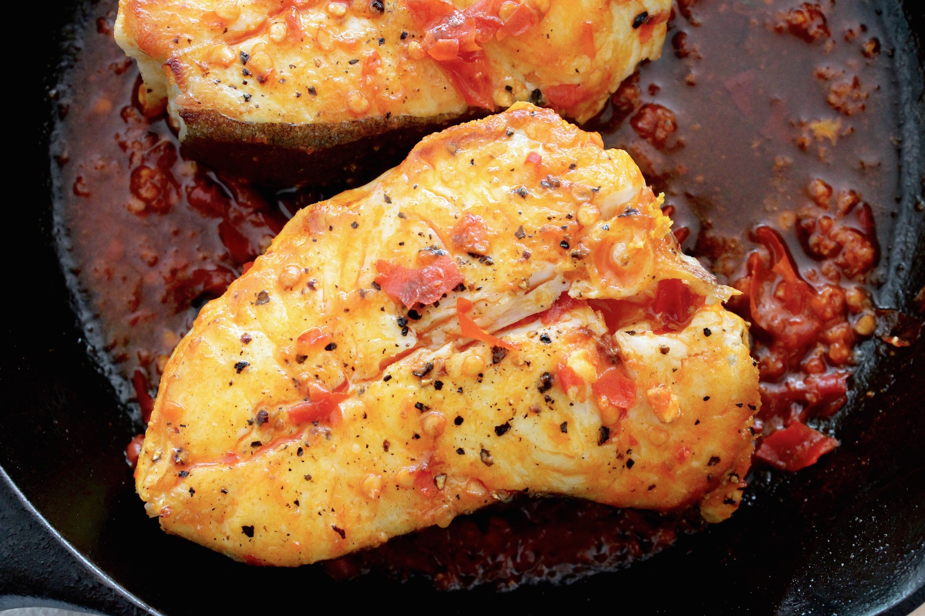 Halibut with Harissa Sauce in cast iron